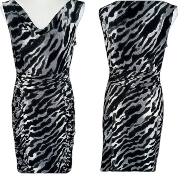 Sandra Darren Animal Print Cowl Neck Ruched Midi Dress Sexy Contour Stretch Sz 6 - Picture 1 of 13